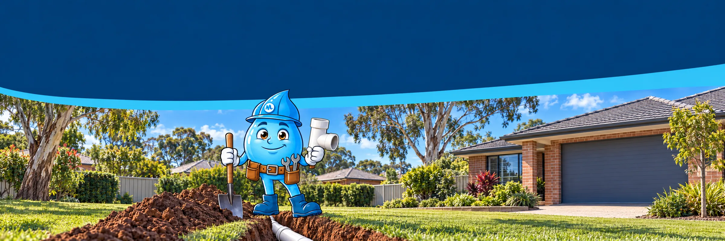 Splashy the Mr Splash mascot over an open trench with new white PVC sewer pipe in a Western Sydney front yard
