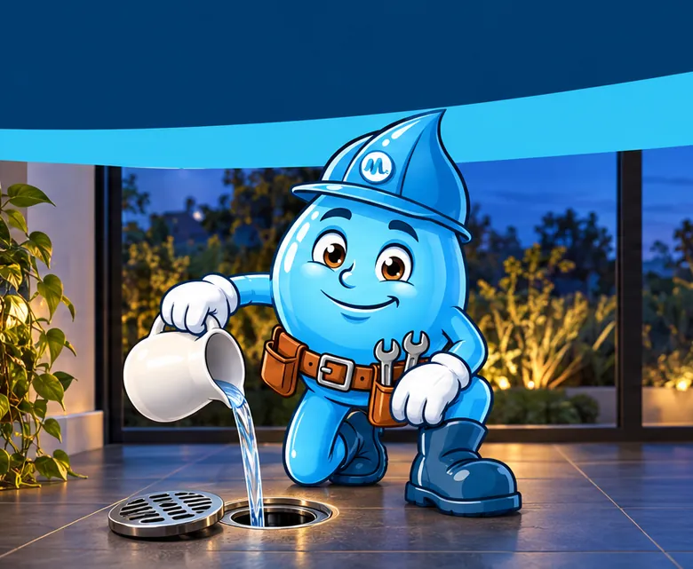 Plumbing mascot Splashy refilling a dry floor waste to stop a drain smell
