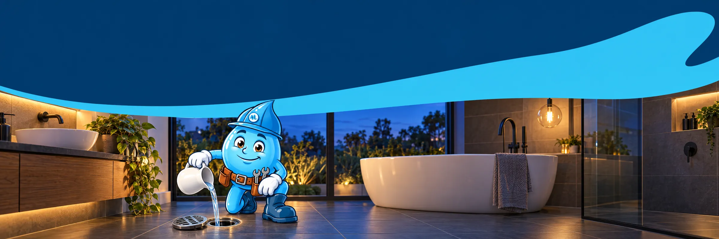 Splashy the Mr Splash mascot pouring water into a dry floor waste in a modern Sydney ensuite at dusk