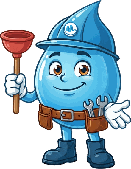 Splashy, the Mr Splash Plumbing mascot, holding a plunger