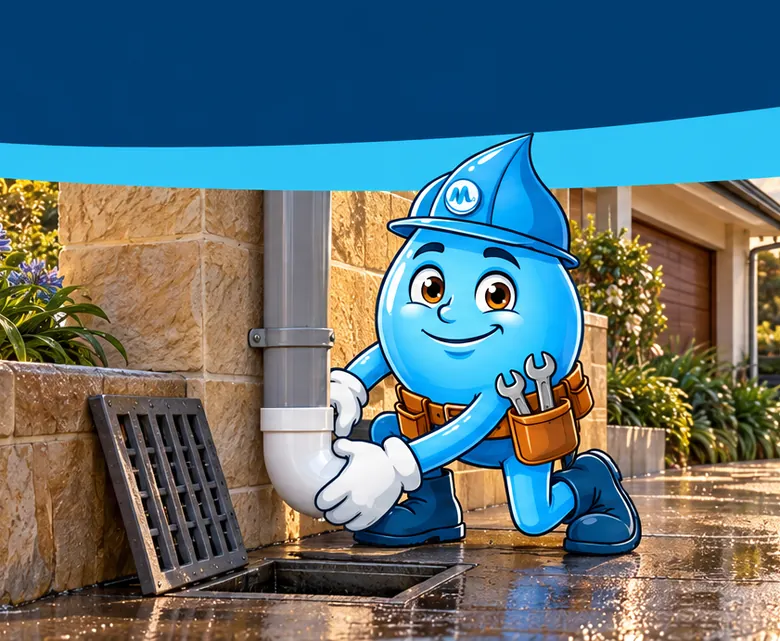 Plumbing mascot Splashy repairing a downpipe and stormwater pit