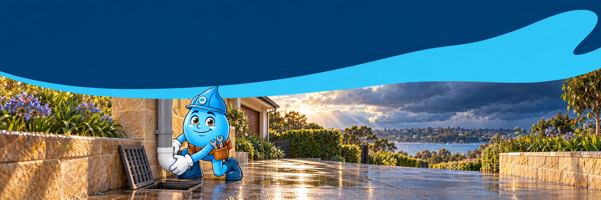 Splashy the Mr Splash mascot fitting a new stormwater bend to a downpipe beside an open pit after a storm