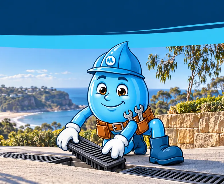 Plumbing mascot Splashy installing a stormwater strip drain