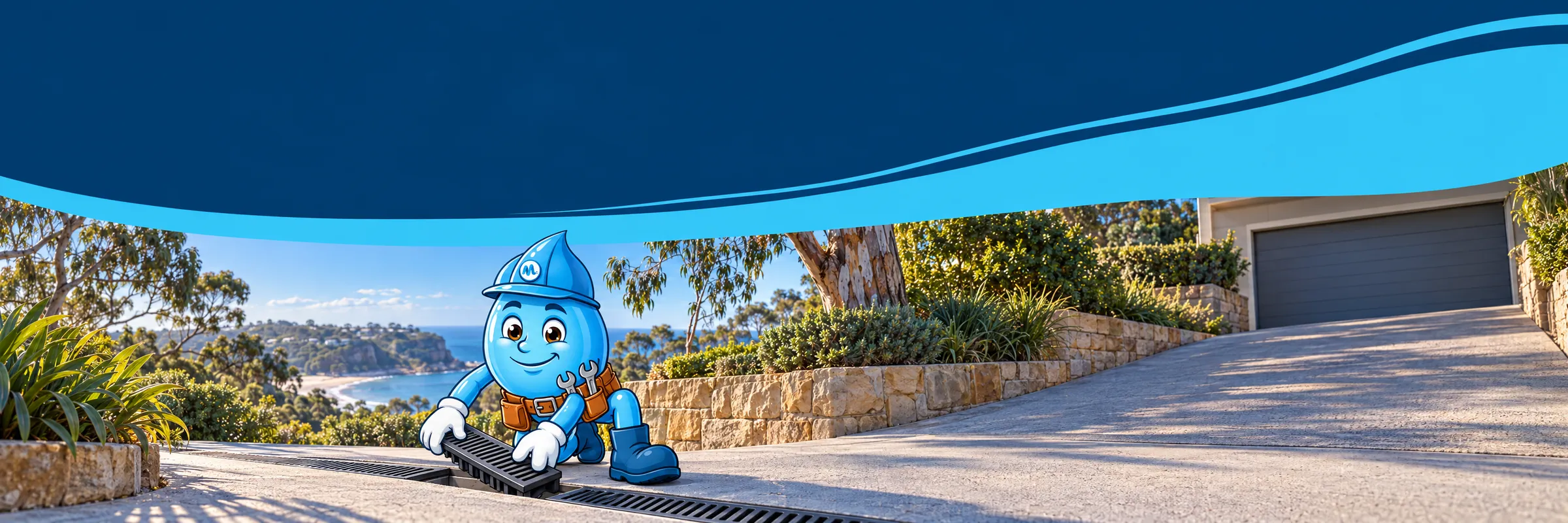 Splashy the Mr Splash mascot setting a new strip drain grate across the foot of a Northern Beaches driveway