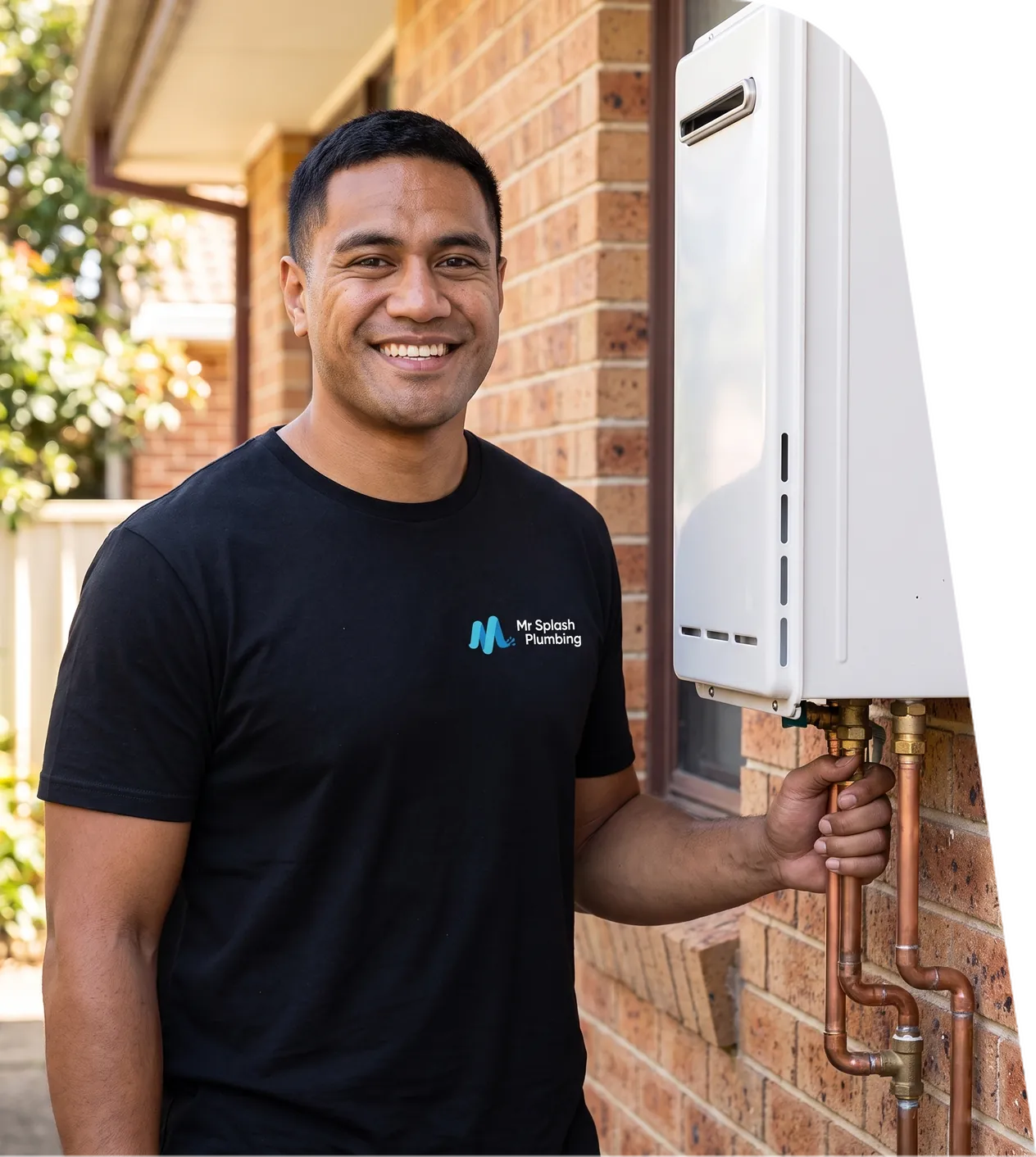 Plumber fitting a new continuous-flow hot water unit on a brick wall