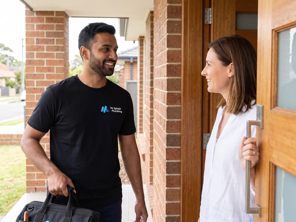 Plumber arriving at the front door of a Sydney home with a tool bag