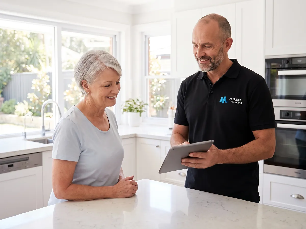 Plumber going through a written quote with a homeowner at the kitchen bench