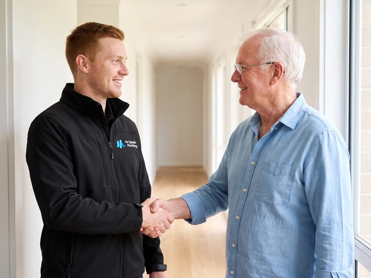 Plumber shaking hands with a homeowner in the hallway