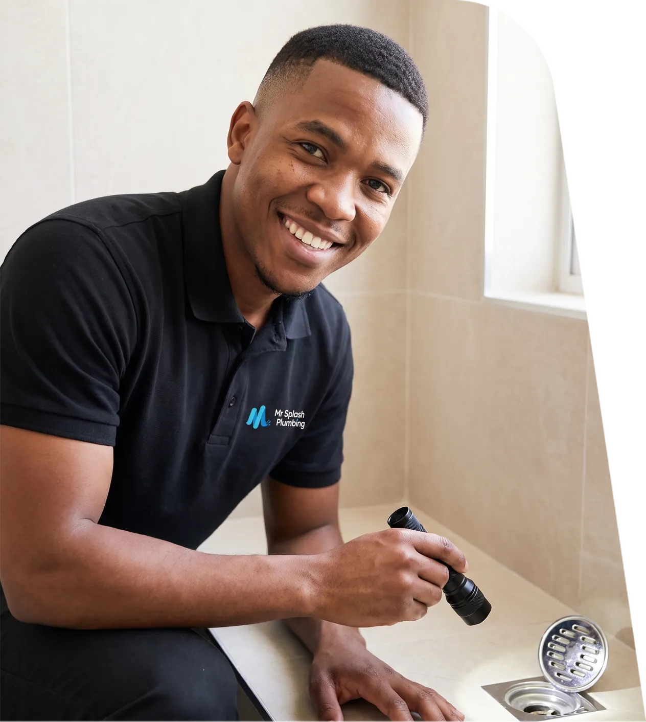 Plumber checking a bathroom floor drain with a torch