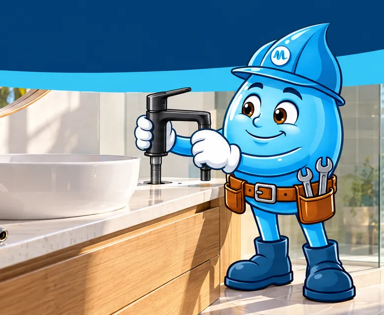 Plumbing mascot Splashy fitting a new basin mixer tap
