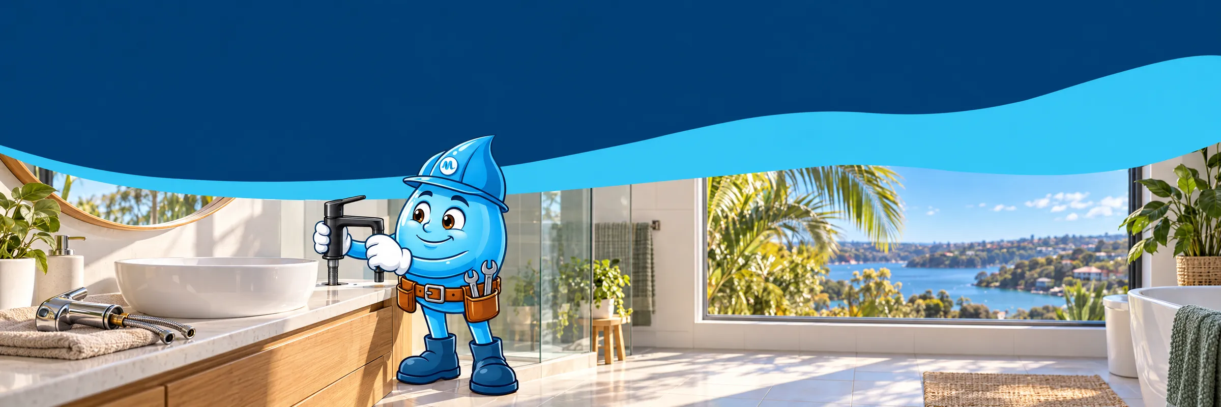 Splashy the Mr Splash mascot fitting a new matte black basin mixer to a bathroom vanity