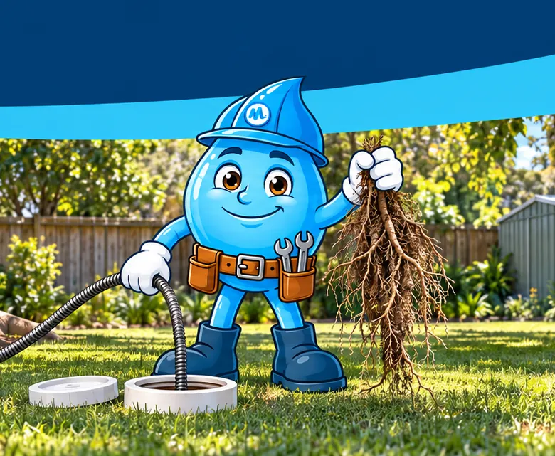 Plumbing mascot Splashy holding tree roots pulled from a drain