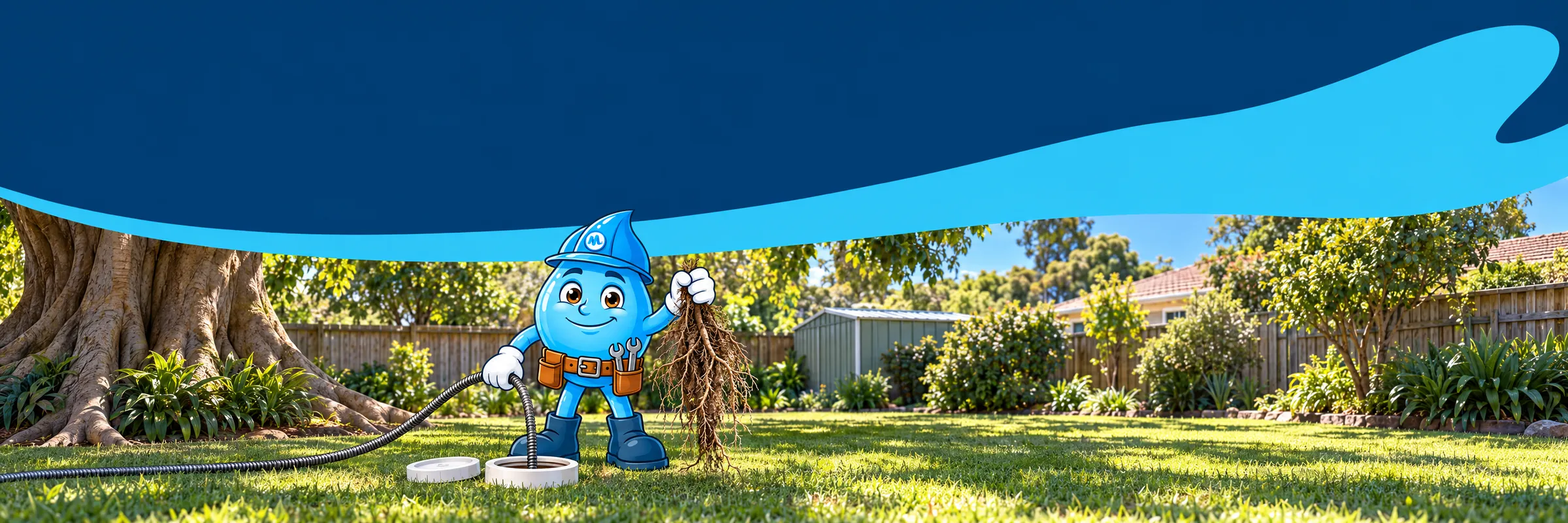 Splashy the Mr Splash mascot holding up tree roots pulled from a drain in the shade of a big fig tree