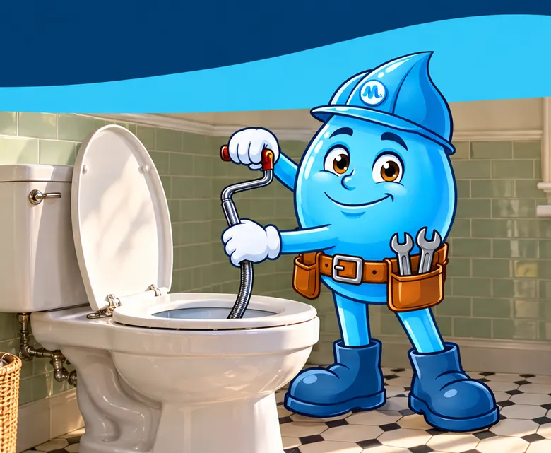 Plumbing mascot Splashy clearing a blocked toilet with an auger