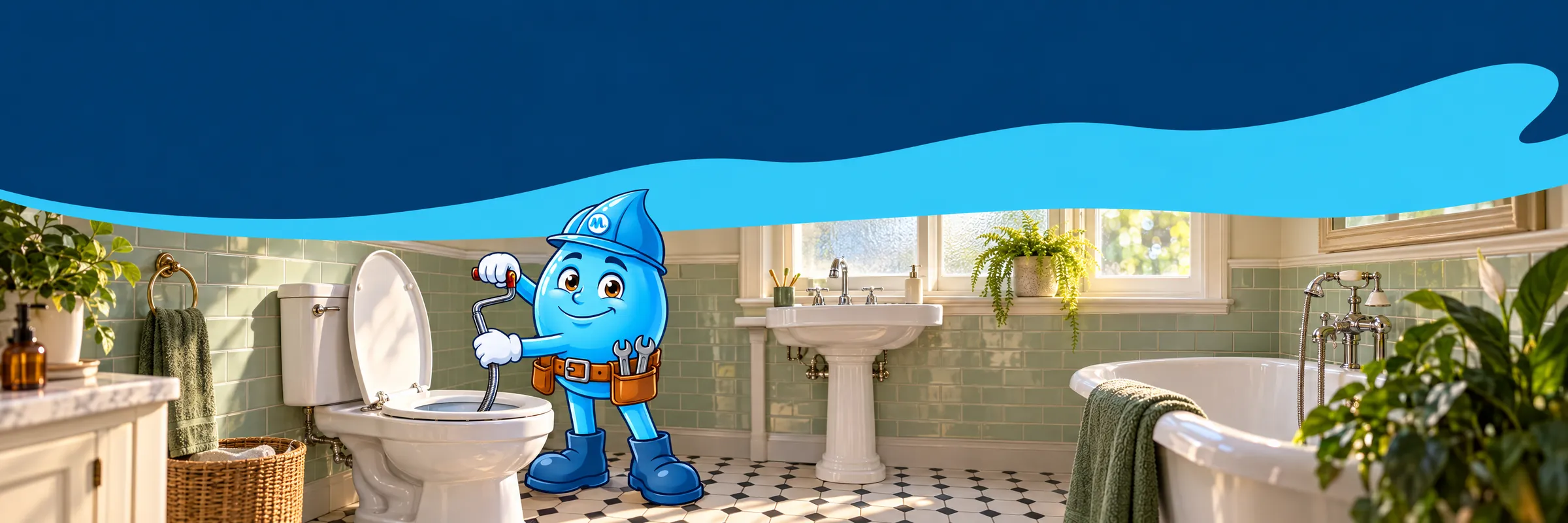 Splashy the Mr Splash mascot clearing a blocked toilet with a toilet auger in a heritage Sydney bathroom