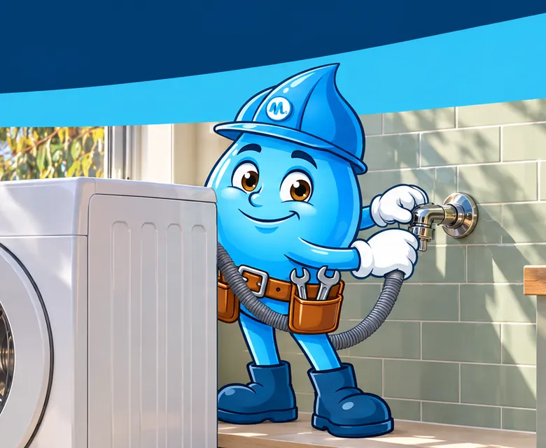 Plumbing mascot Splashy connecting a washing machine