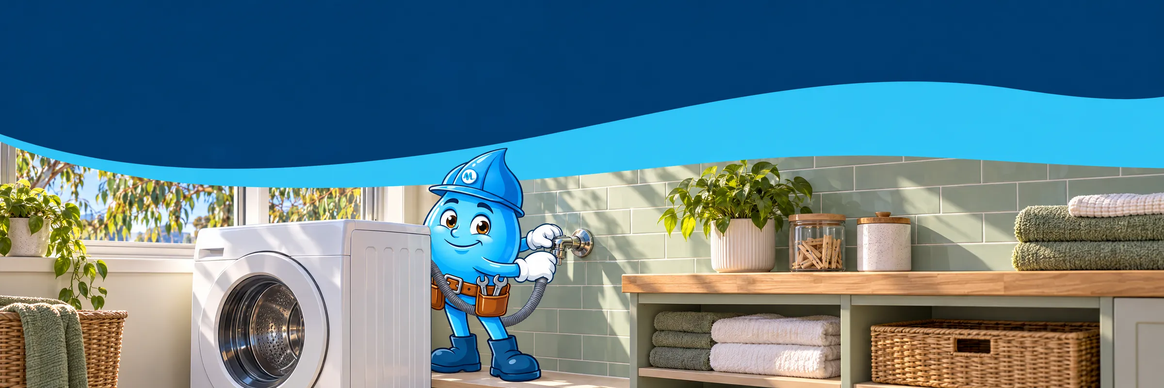 Splashy the Mr Splash mascot connecting a washing machine inlet hose to the wall tap in a sunny laundry