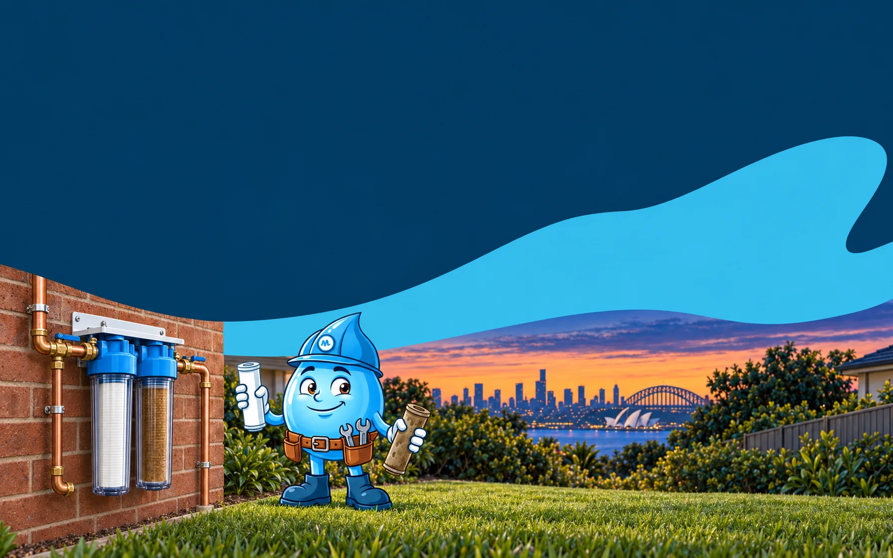Splashy the Mr Splash mascot holding a fresh white filter cartridge and a used brown one beside a twin whole house filter on a brick wall, Sydney Harbour at dusk behind
