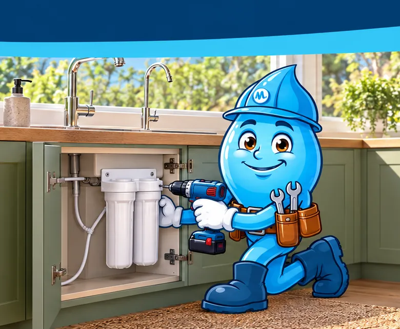 Plumbing mascot Splashy installing an under-sink water filter