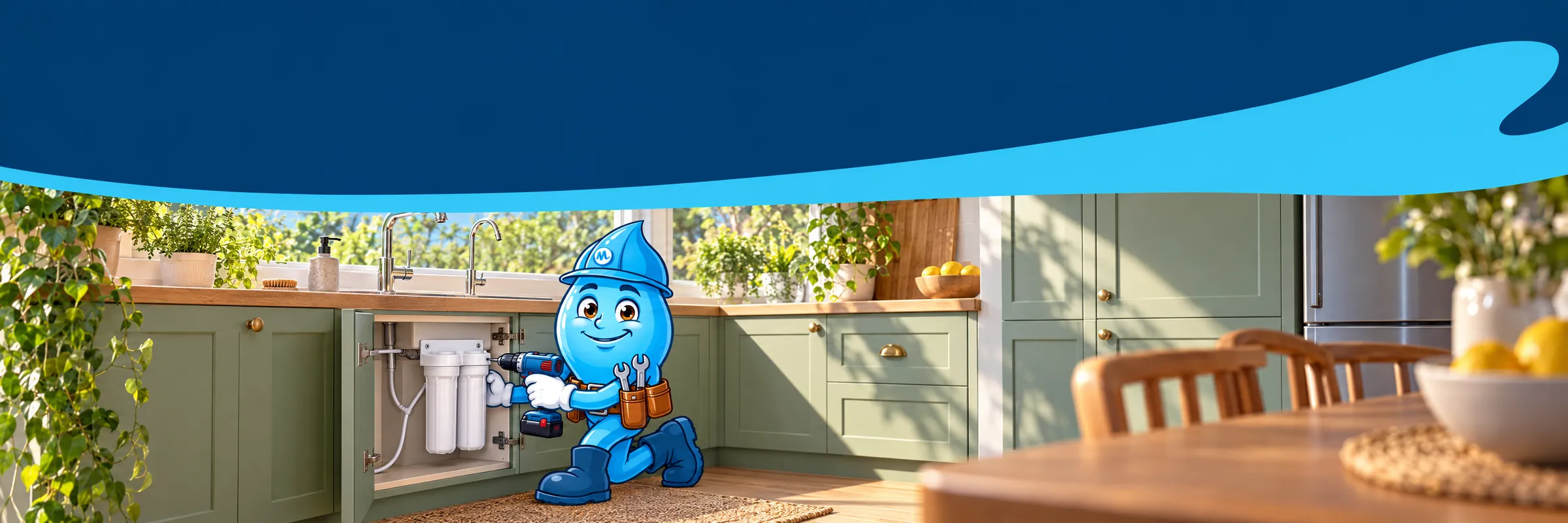 Splashy the Mr Splash mascot fitting a twin under-sink water filter in a sage green kitchen
