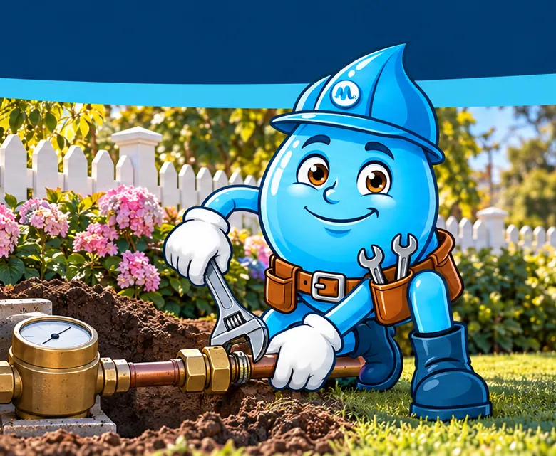 Plumbing mascot Splashy repairing a water meter pipe
