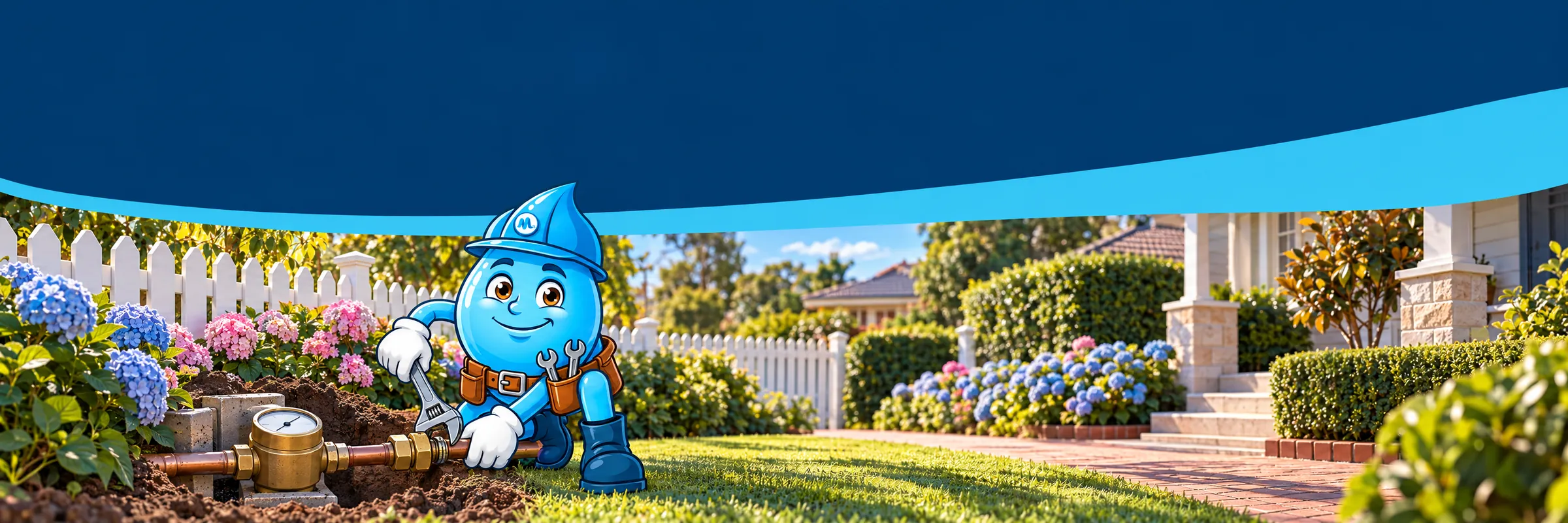Splashy the Mr Splash mascot repairing the pipe beside a water meter in a front garden with hydrangeas