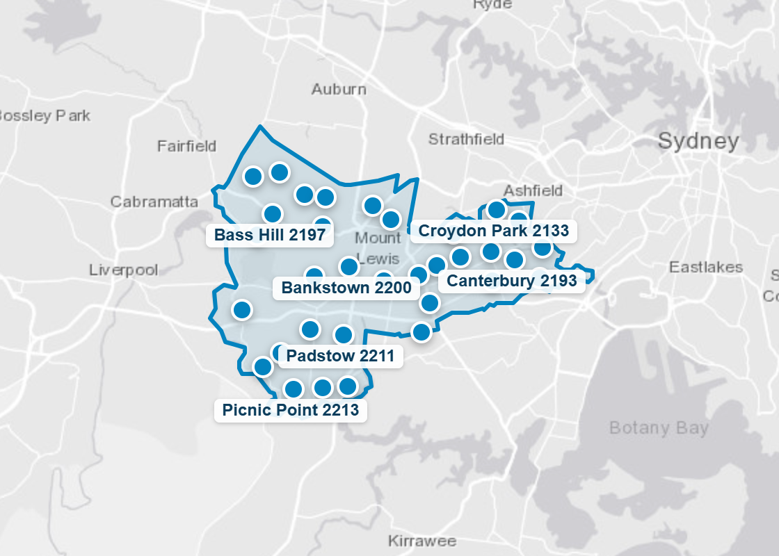 Map of the City of Canterbury Bankstown council area with the suburbs where Mr Splash Plumbing has completed jobs