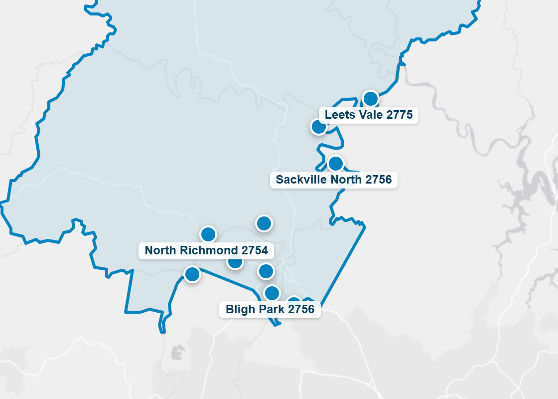 Map of the Hawkesbury City Council area with the suburbs where Mr Splash Plumbing has completed jobs