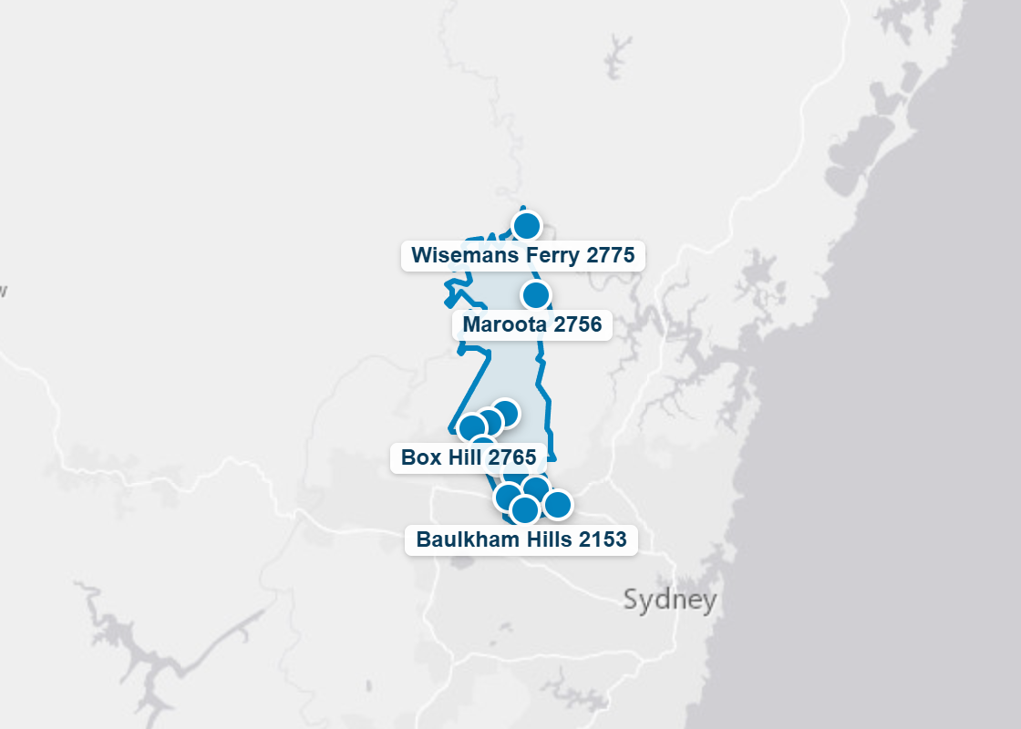 Map of The Hills Shire Council area with the suburbs where Mr Splash Plumbing has completed jobs