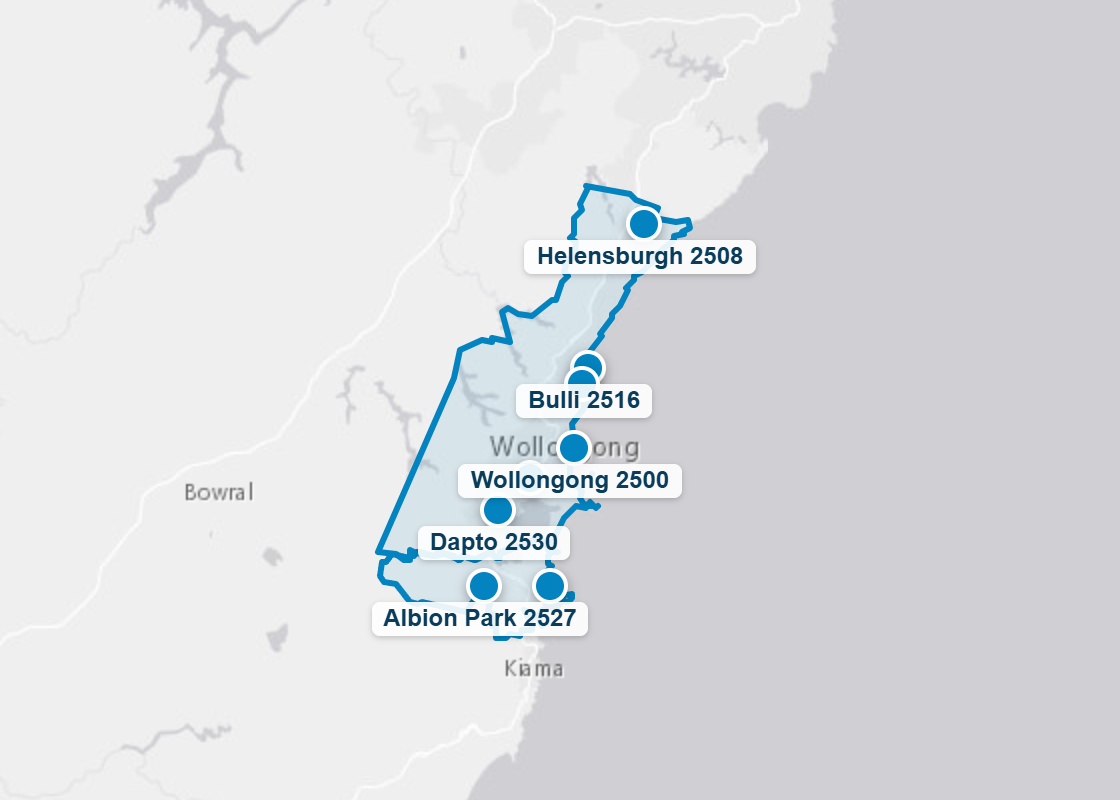 Map of the Wollongong and Shellharbour council areas with the Illawarra suburbs Mr Splash Plumbing covers