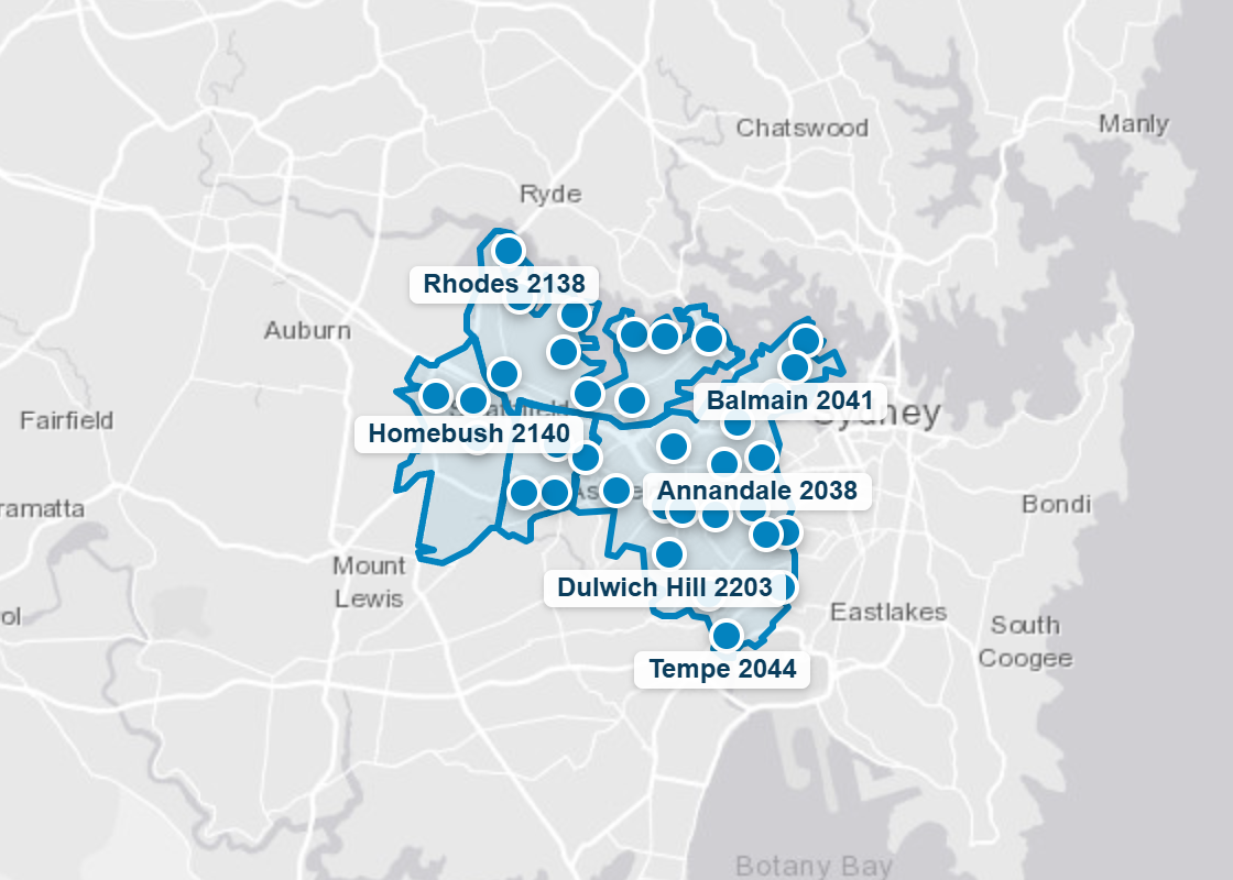 Map of the Inner West, Canada Bay, Burwood and Strathfield council areas with the suburbs where Mr Splash Plumbing has completed jobs