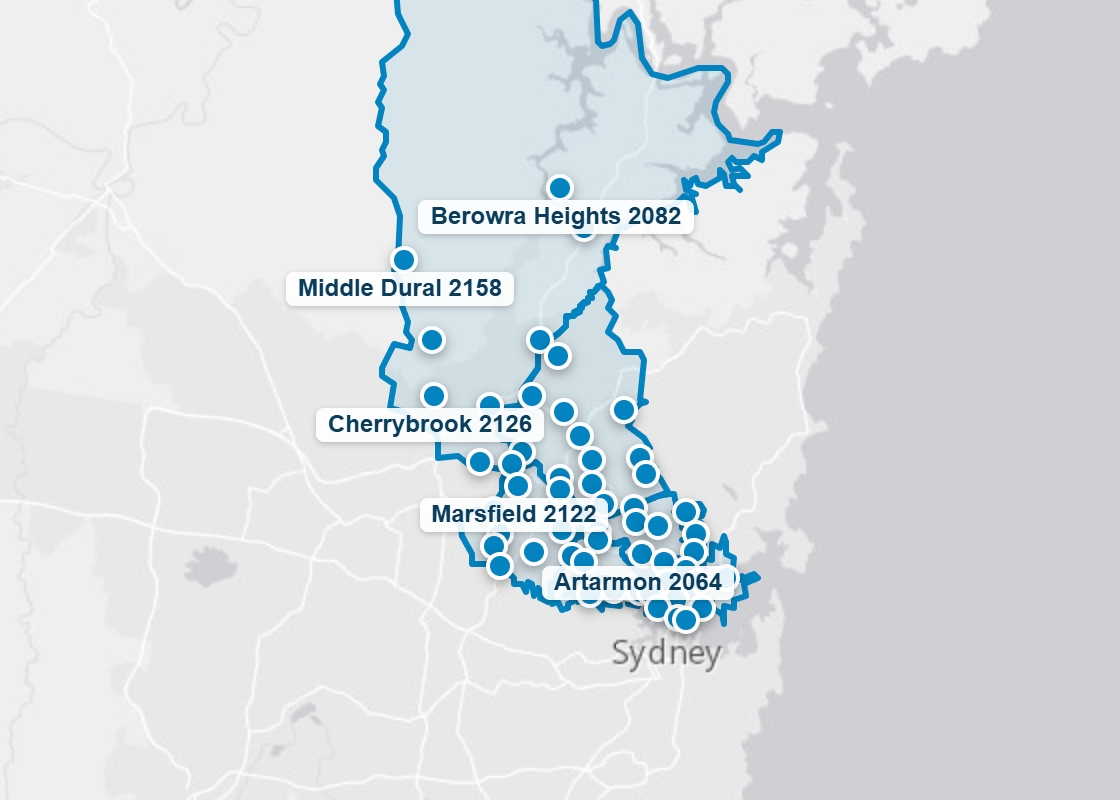 Map of the North Shore council areas with the suburbs where Mr Splash Plumbing has completed jobs