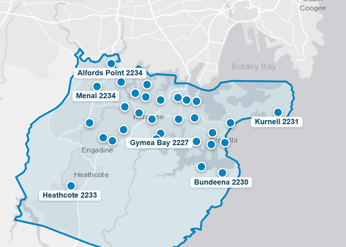 Map of the Sutherland Shire Council area with the suburbs where Mr Splash Plumbing has completed jobs