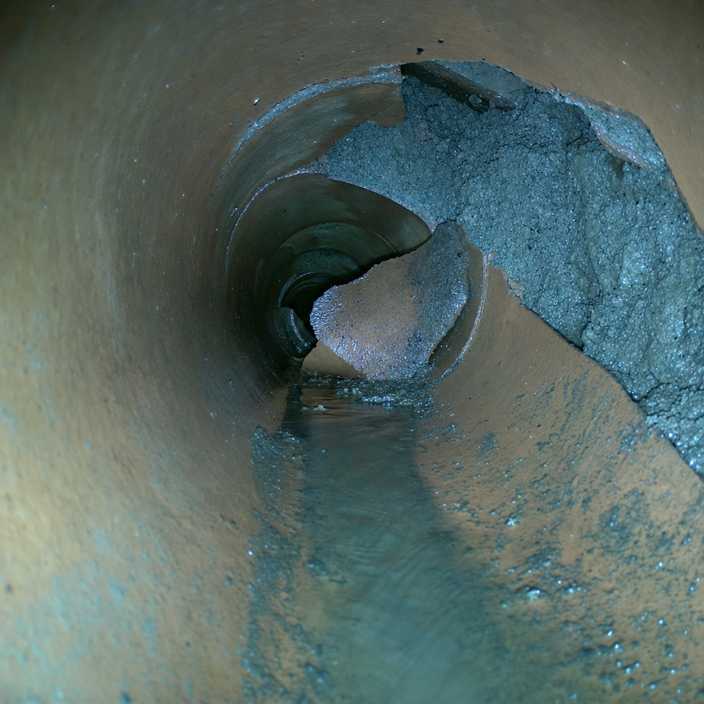 CCTV view of a collapsed drain pipe
