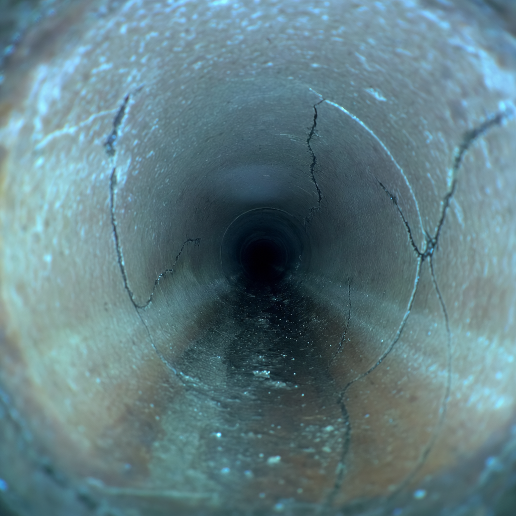 CCTV view of hairline and spiderweb cracks in a drain pipe wall