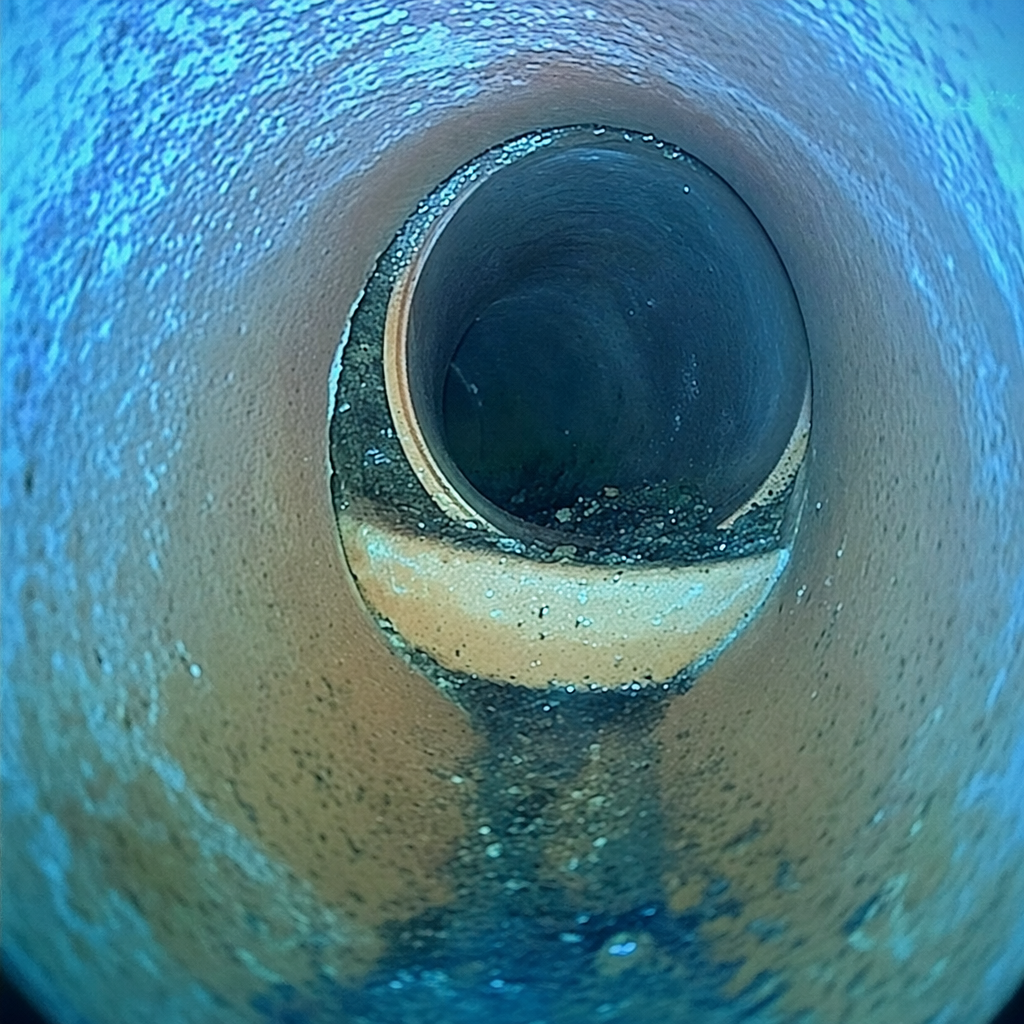 CCTV view of a misaligned drain pipe joint with debris collecting at the lip