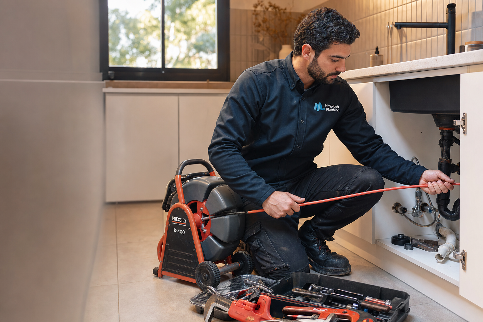 Mr Splash plumber clearing a residential kitchen sink blockage