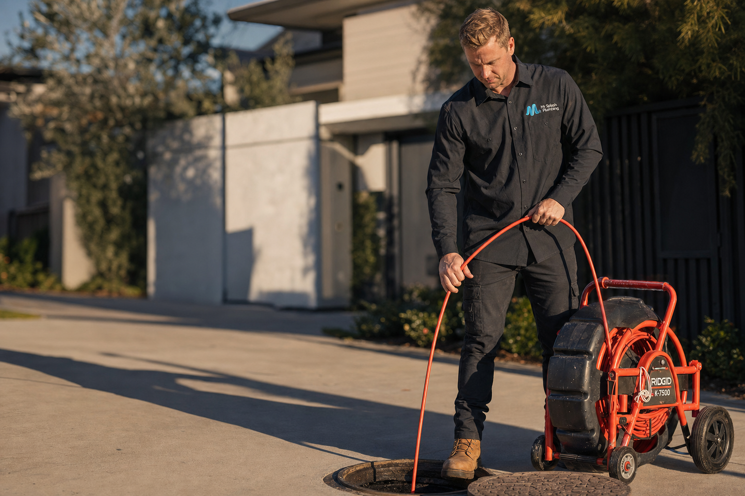 Mr Splash plumber operating heavy-duty sewer-clearing equipment on a Sydney driveway