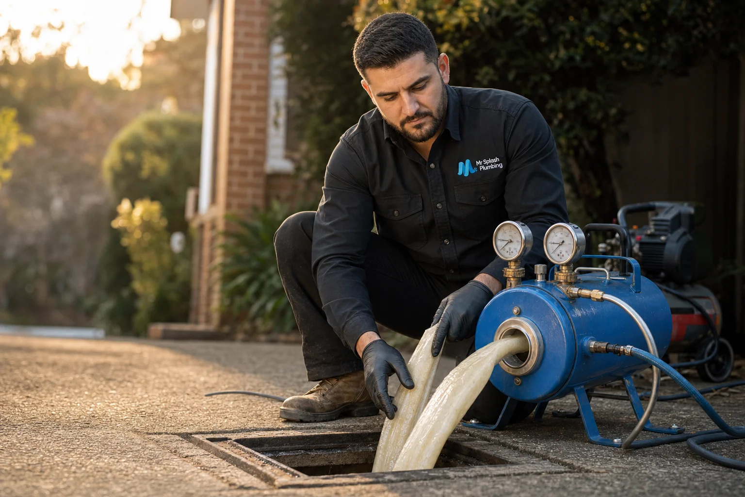 Mr Splash plumber feeding CIPP liner into inversion drum for no-dig pipe relining