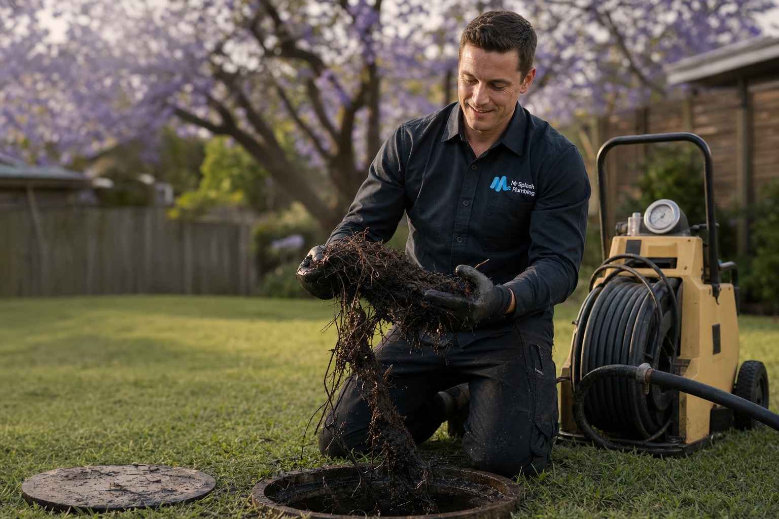 Mr Splash plumber holding a mass of tree roots extracted from a Sydney drain line