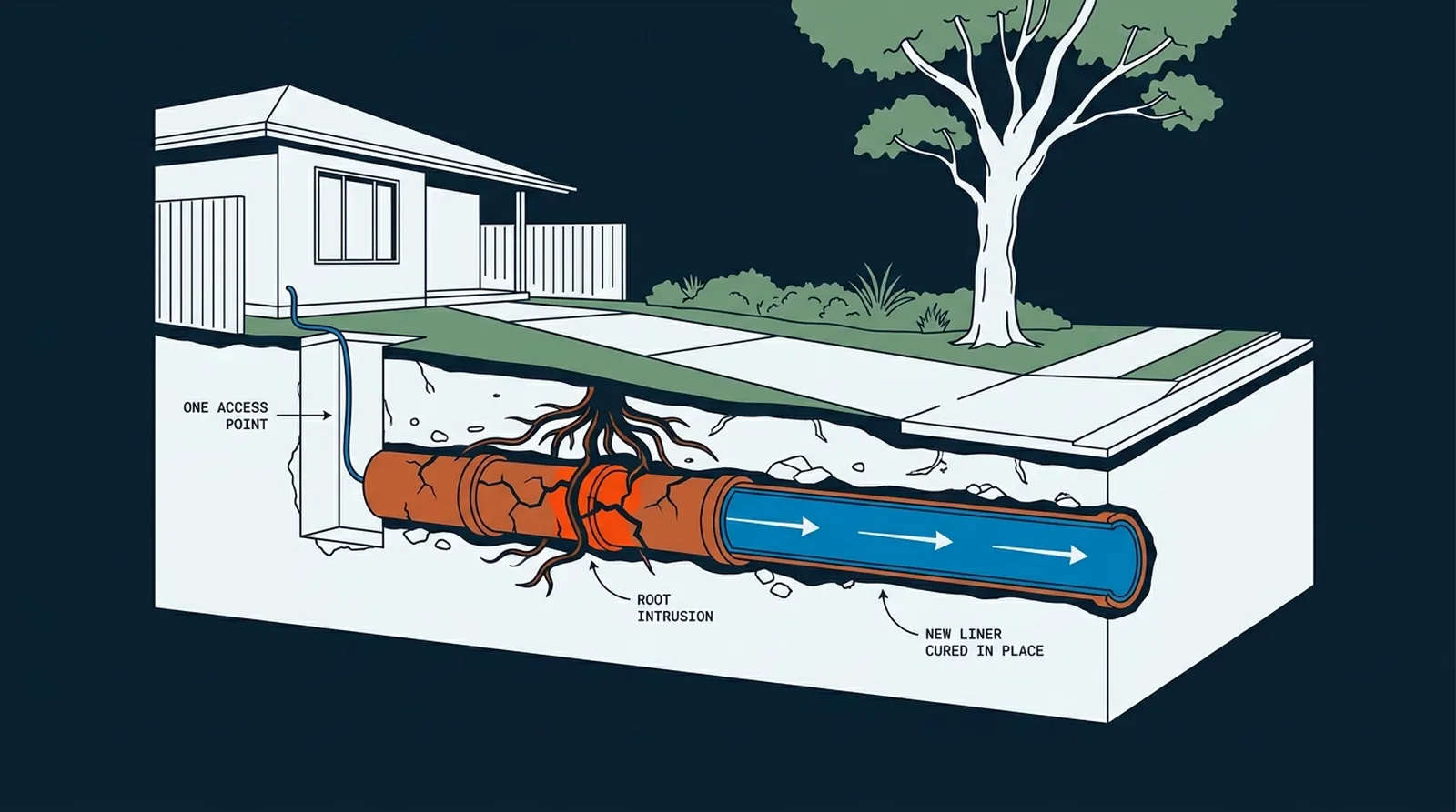 Cutaway diagram: a failed pipe with root intrusion under a home is relined with a new liner cured in place, reached through one access point
